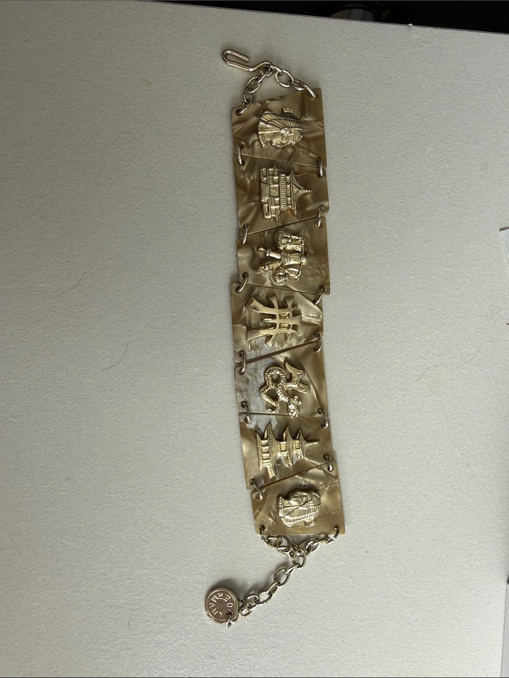 Source Unknown Gold-Tone Asian Motif Panel Bracelet Made in Germany